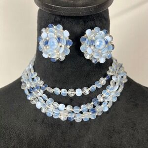 Vtg 50s 60s W Germany Blue Glass Beaded Choker Necklace & Matching Earrings Set‎